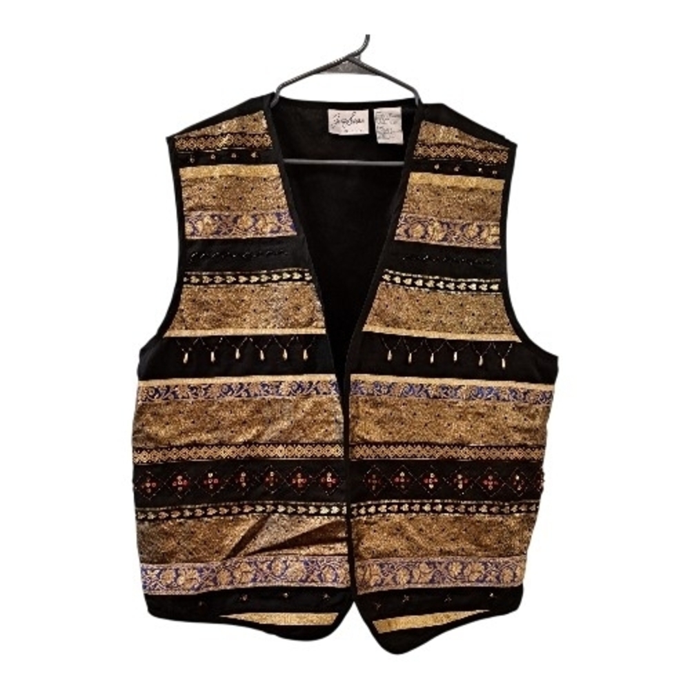 Jaclyn Smith Vintage Black and Gold Patterned Sequined Vest Plus Size 20W